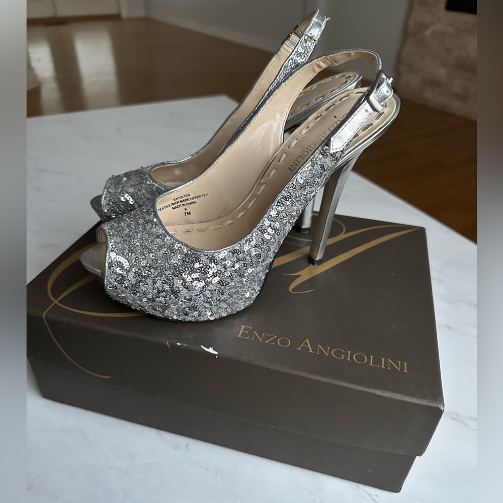 Enzo Angiolini Silver Sequin Open Toe Heels